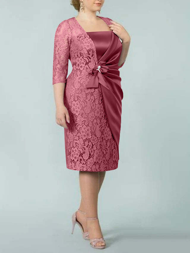 Square Neck Tea-Length Sheath/Column Dresses for the Mother of the Bride-BMbridal