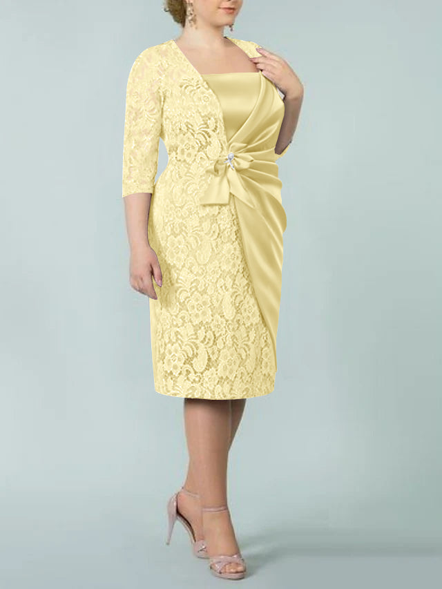Square Neck Tea-Length Sheath/Column Dresses for the Mother of the Bride-BMbridal