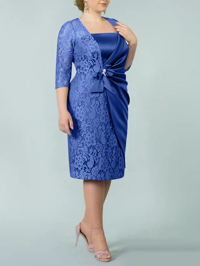Square Neck Tea-Length Sheath/Column Dresses for the Mother of the Bride-BMbridal