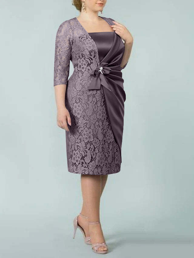 Square Neck Tea-Length Sheath/Column Dresses for the Mother of the Bride-BMbridal