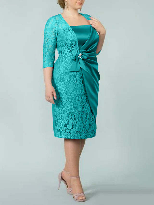 Square Neck Tea-Length Sheath/Column Dresses for the Mother of the Bride-BMbridal