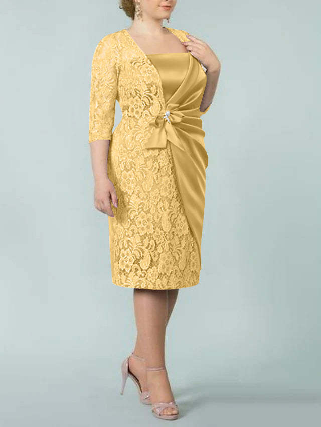 Square Neck Tea-Length Sheath/Column Dresses for the Mother of the Bride-BMbridal