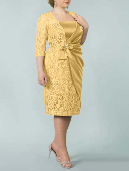 Square Neck Tea-Length Sheath/Column Dresses for the Mother of the Bride-BMbridal