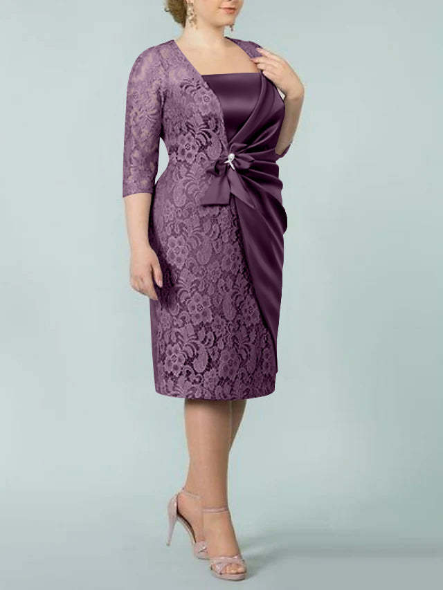 Square Neck Tea-Length Sheath/Column Dresses for the Mother of the Bride-BMbridal