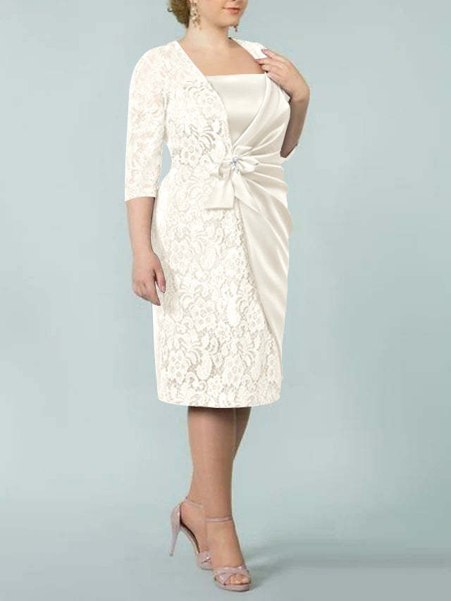 Square Neck Tea-Length Sheath/Column Dresses for the Mother of the Bride-BMbridal
