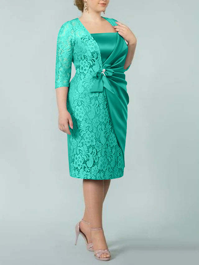 Square Neck Tea-Length Sheath/Column Dresses for the Mother of the Bride-BMbridal