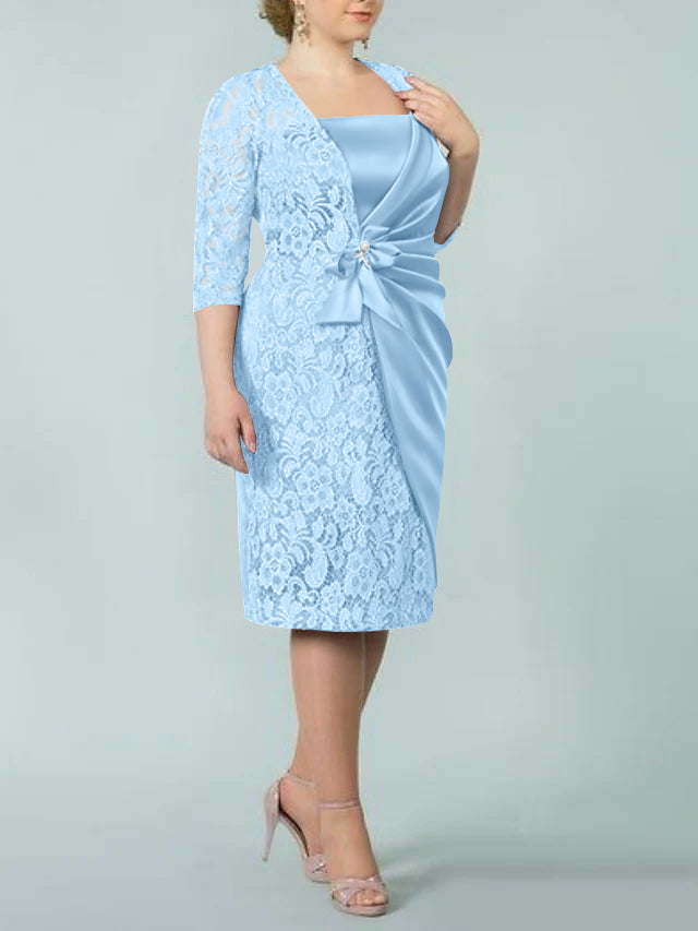 Square Neck Tea-Length Sheath/Column Dresses for the Mother of the Bride-BMbridal