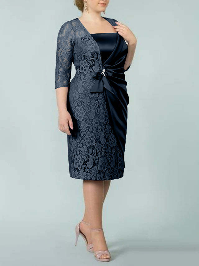 Square Neck Tea-Length Sheath/Column Dresses for the Mother of the Bride-BMbridal