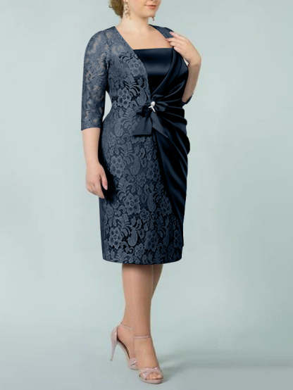 Square Neck Tea-Length Sheath/Column Dresses for the Mother of the Bride-BMbridal