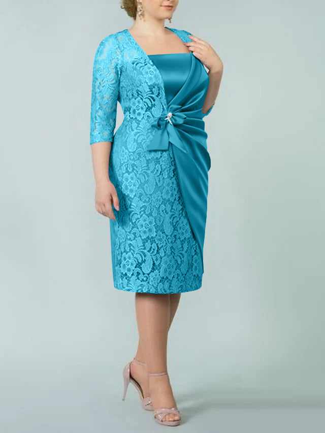 Square Neck Tea-Length Sheath/Column Dresses for the Mother of the Bride-BMbridal