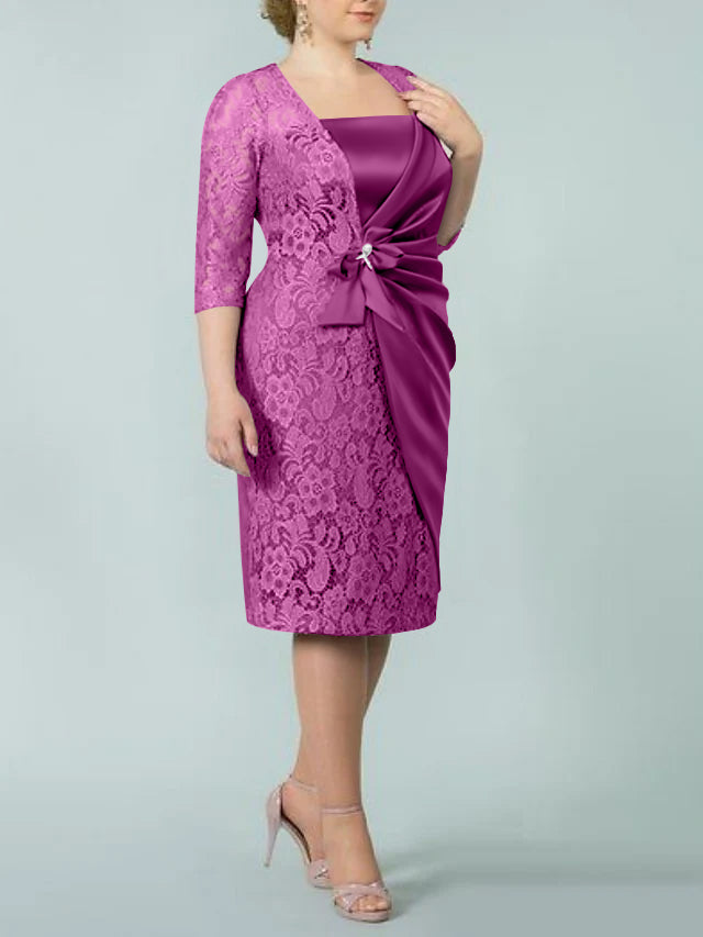 Square Neck Tea-Length Sheath/Column Dresses for the Mother of the Bride-BMbridal