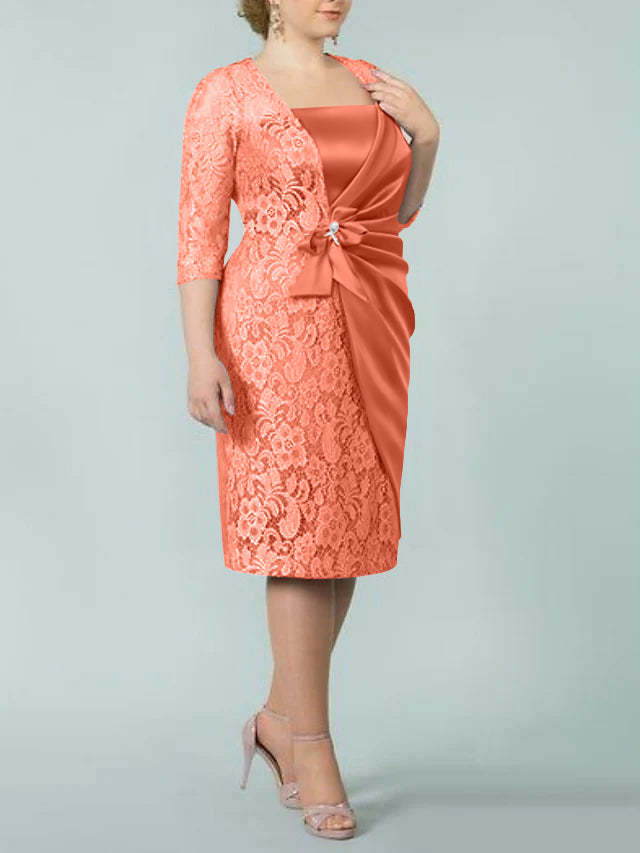 Square Neck Tea-Length Sheath/Column Dresses for the Mother of the Bride-BMbridal