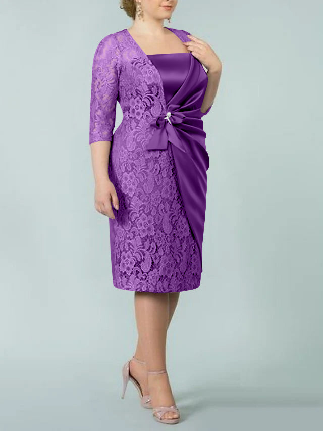 Square Neck Tea-Length Sheath/Column Dresses for the Mother of the Bride-BMbridal