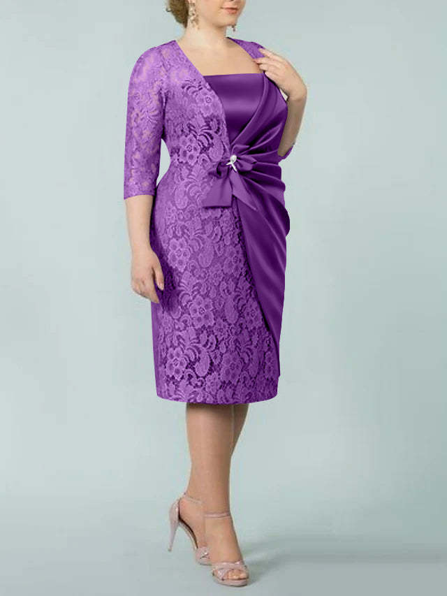 Square Neck Tea-Length Sheath/Column Dresses for the Mother of the Bride-BMbridal