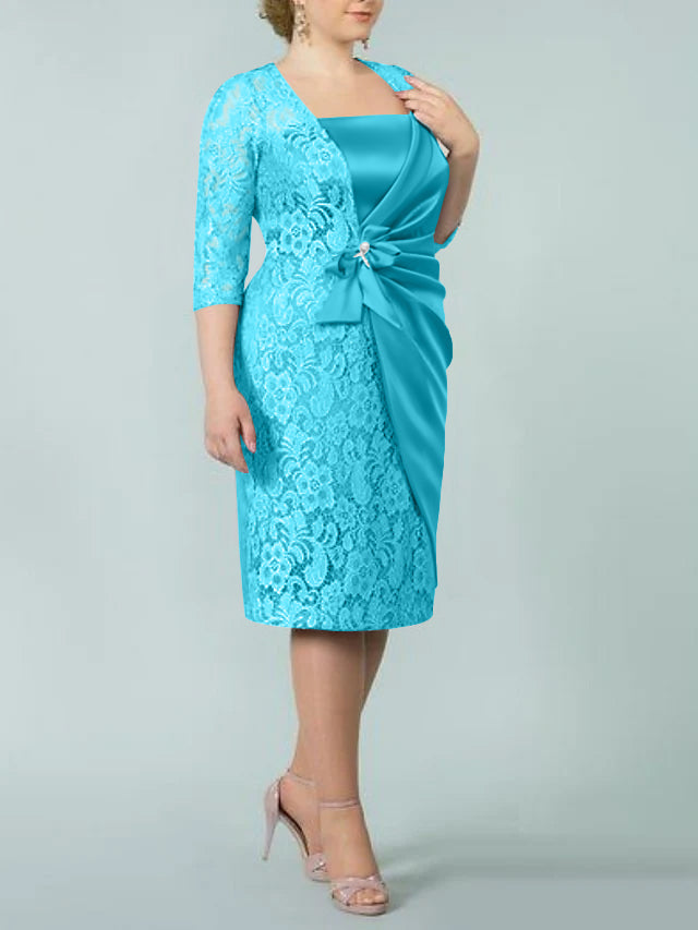 Square Neck Tea-Length Sheath/Column Dresses for the Mother of the Bride-BMbridal