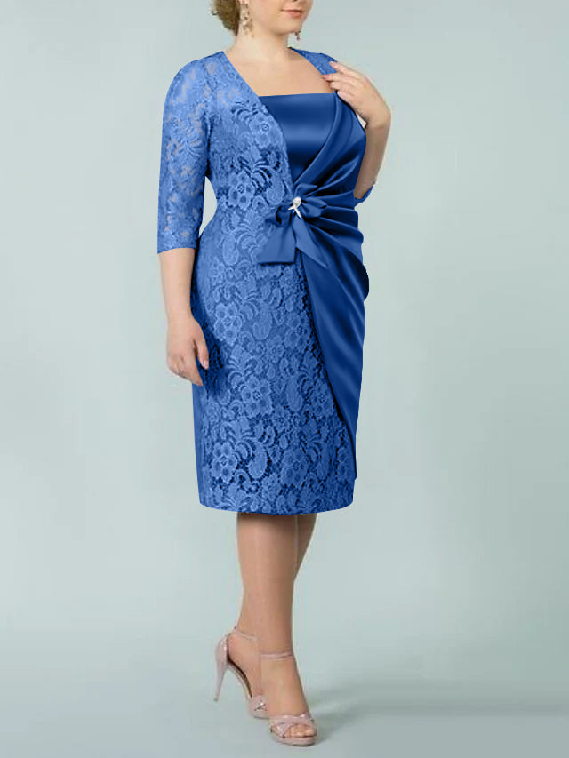 Square Neck Tea-Length Sheath/Column Dresses for the Mother of the Bride-BMbridal