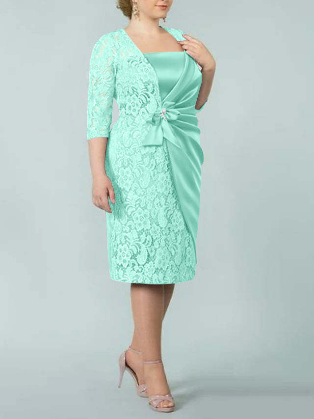 Square Neck Tea-Length Sheath/Column Dresses for the Mother of the Bride-BMbridal
