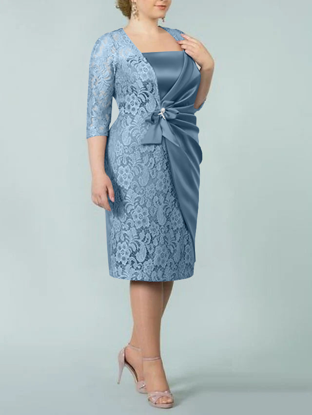 Square Neck Tea-Length Sheath/Column Dresses for the Mother of the Bride-BMbridal