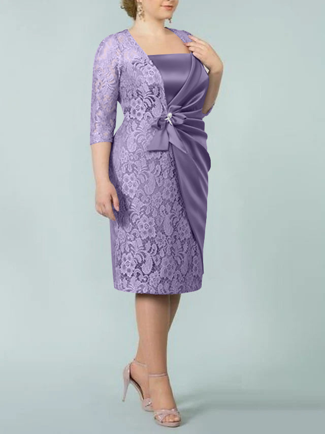 Square Neck Tea-Length Sheath/Column Dresses for the Mother of the Bride-BMbridal