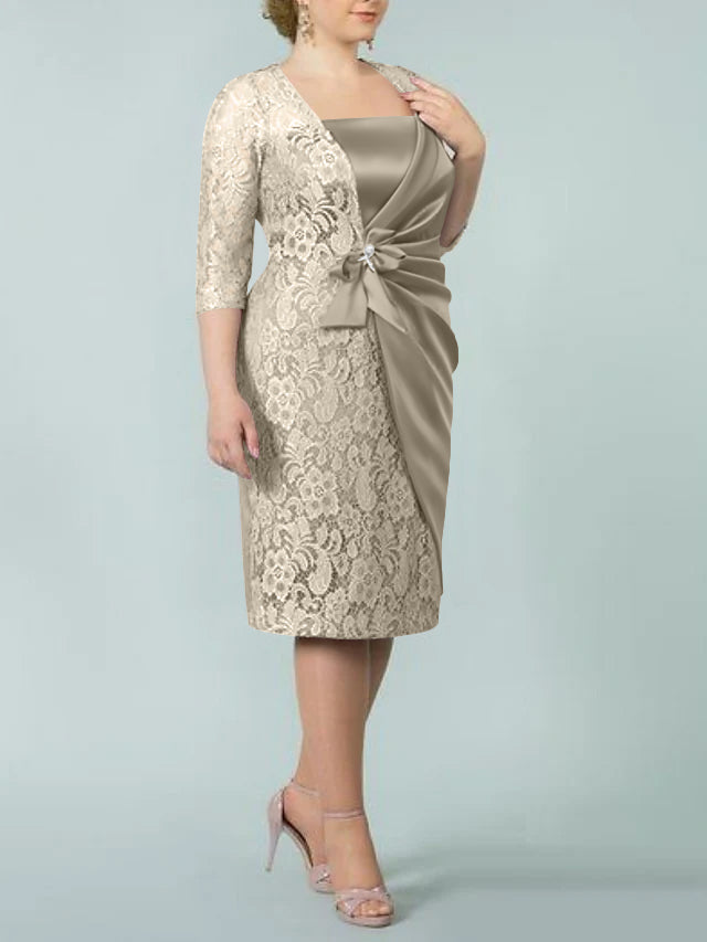 Square Neck Tea-Length Sheath/Column Dresses for the Mother of the Bride-BMbridal