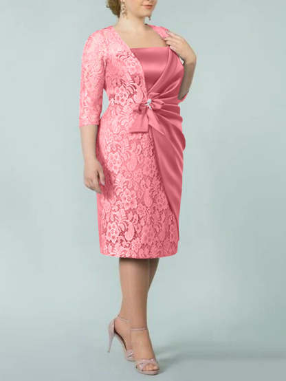 Square Neck Tea-Length Sheath/Column Dresses for the Mother of the Bride-BMbridal