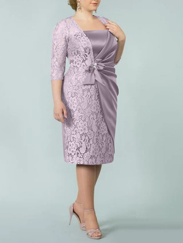 Square Neck Tea-Length Sheath/Column Dresses for the Mother of the Bride-BMbridal