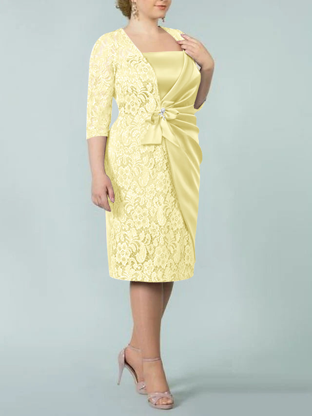 Square Neck Tea-Length Sheath/Column Dresses for the Mother of the Bride-BMbridal