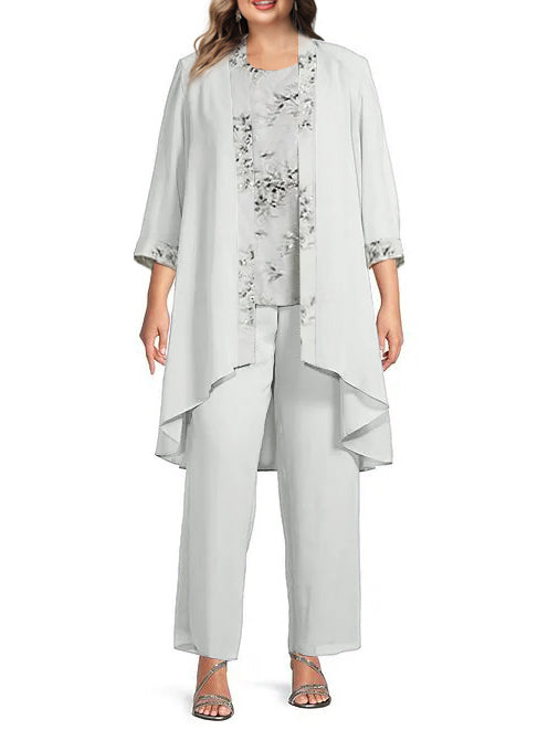 Plus Size Floor-Length Chiffon Pantsuits for the Mother of the Bride with Round Neck and Jacket-BMbridal