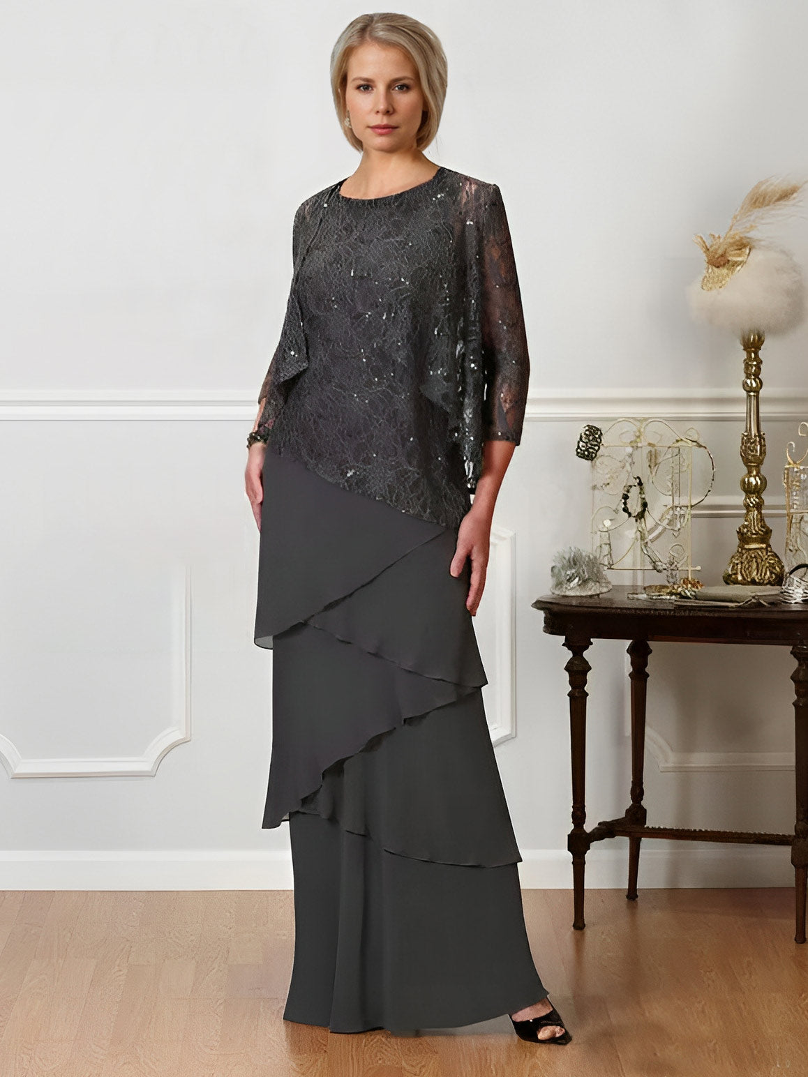 Floor-Length A-Line Mother of the Bride Dresses with Jewel Neck-BMbridal