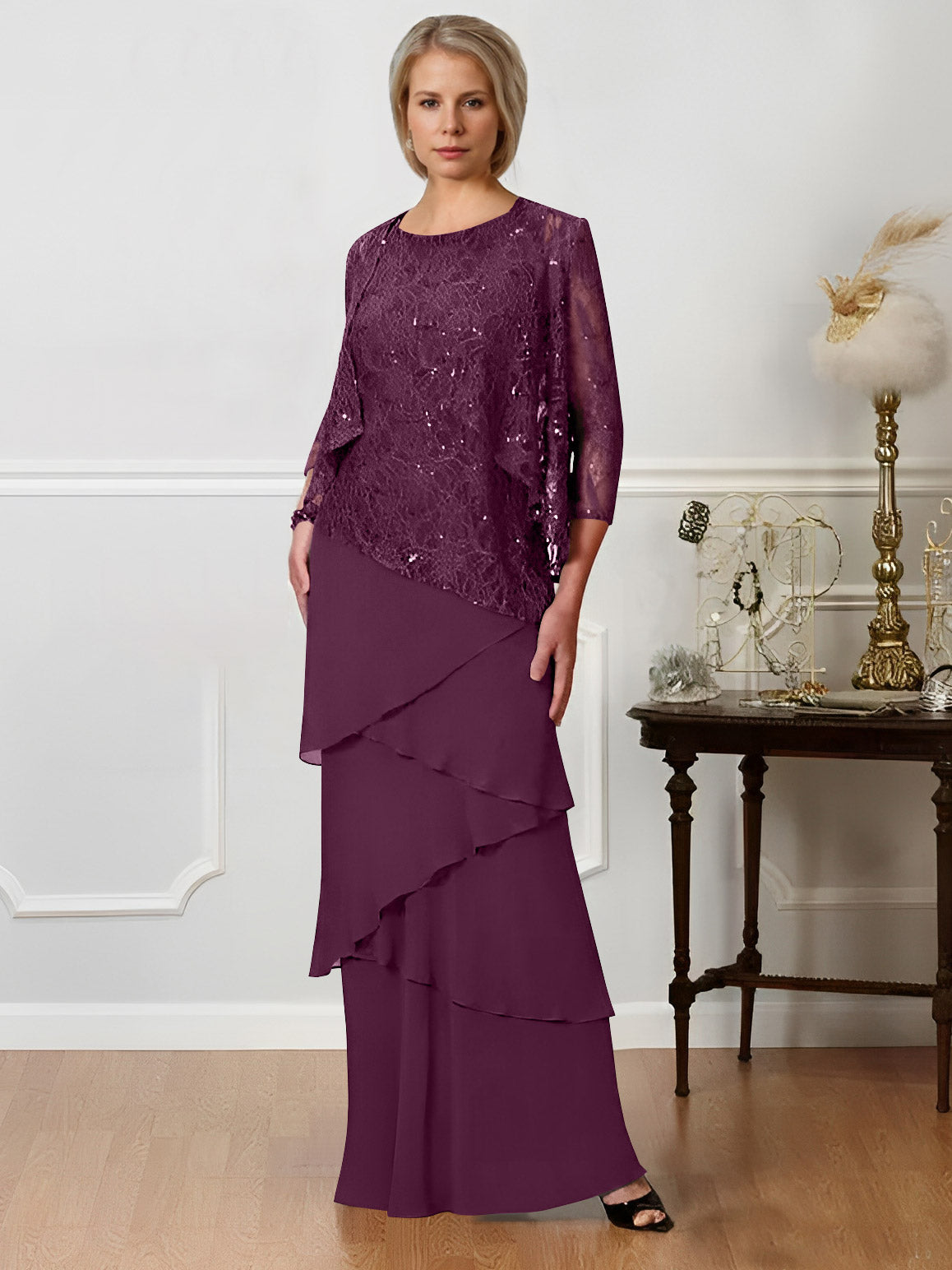 Floor-Length A-Line Mother of the Bride Dresses with Jewel Neck-BMbridal