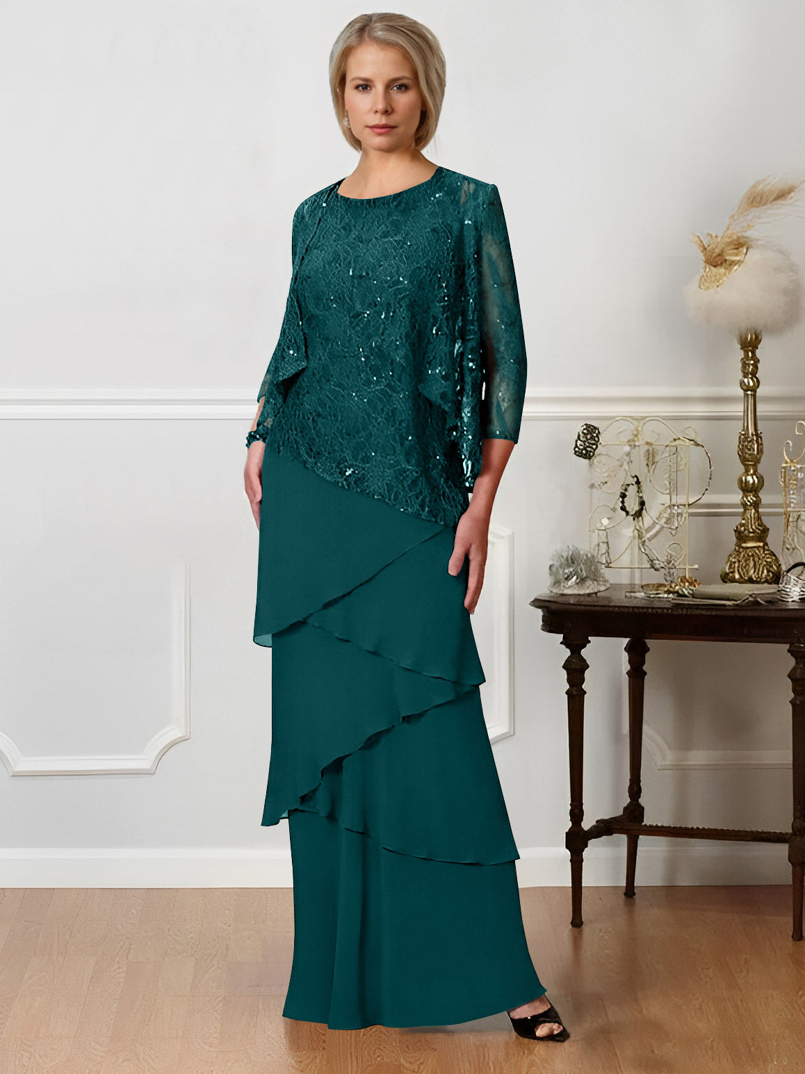Floor-Length A-Line Mother of the Bride Dresses with Jewel Neck-BMbridal