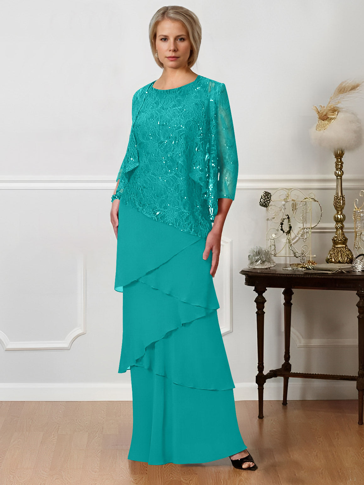 Floor-Length A-Line Mother of the Bride Dresses with Jewel Neck-BMbridal