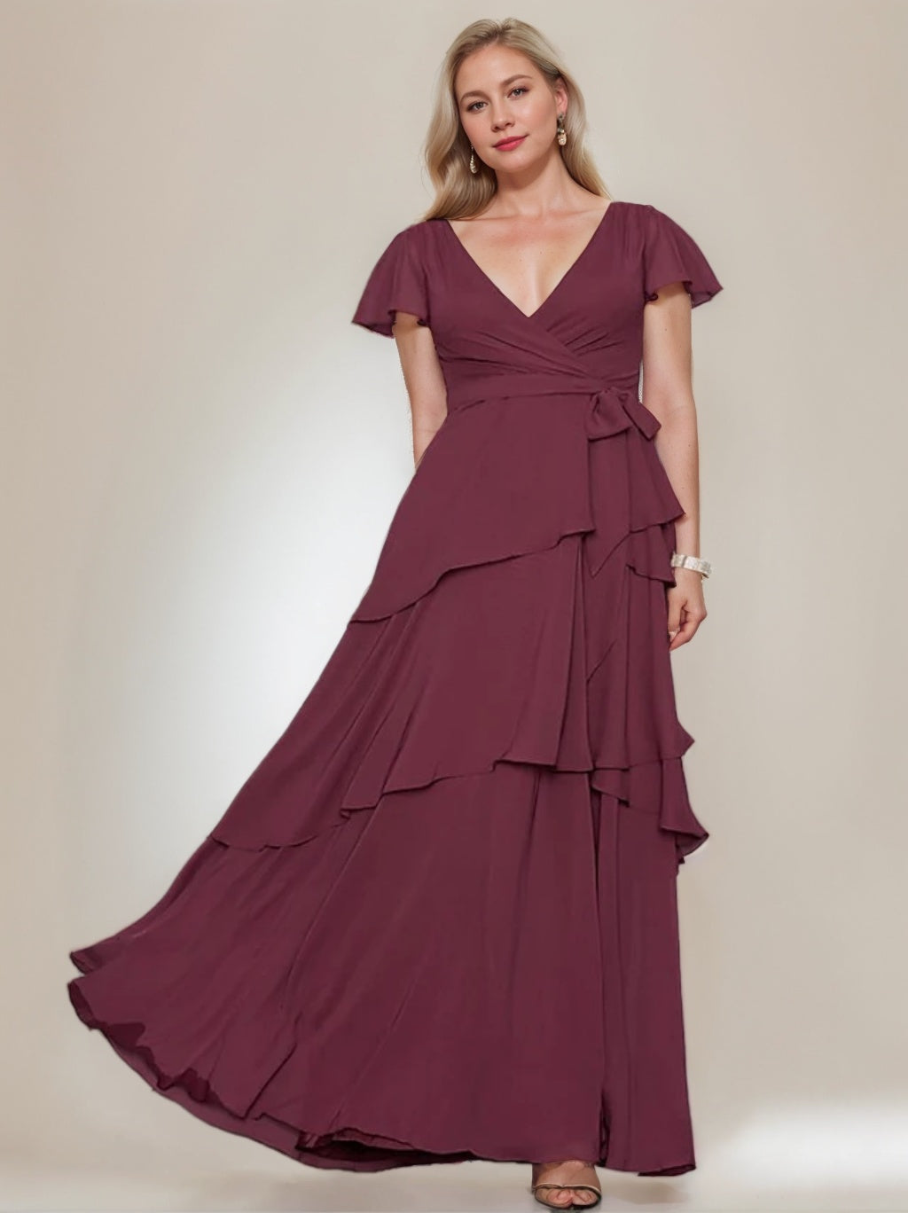 Plus Size V-Neck A-Line Princess Floor-Length Mother of the Bride Dress with Ruffles and Short Sleeves-BMbridal