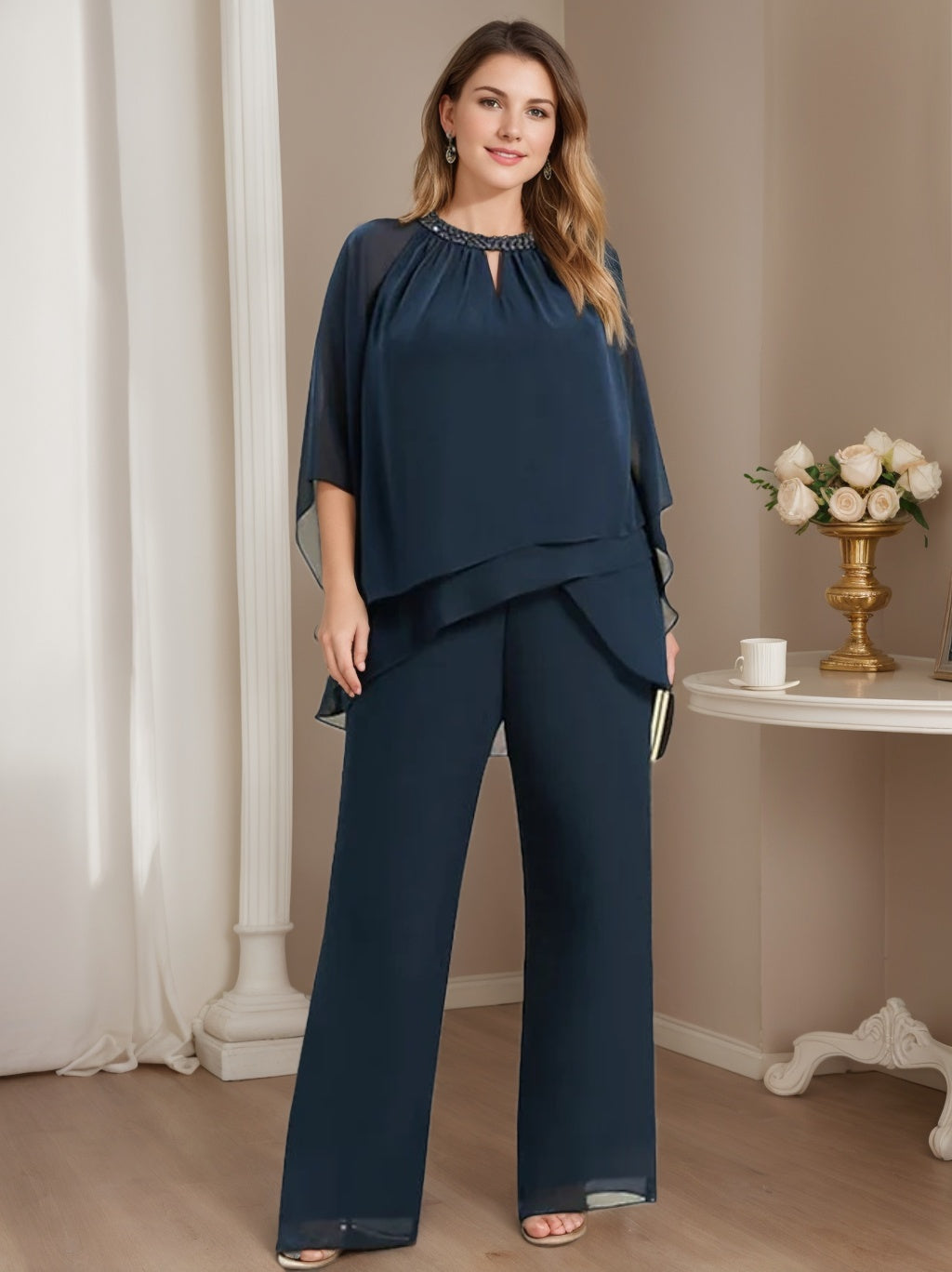 Mother of the Bride Jewel Neck Pantsuits in Chiffon-BMbridal