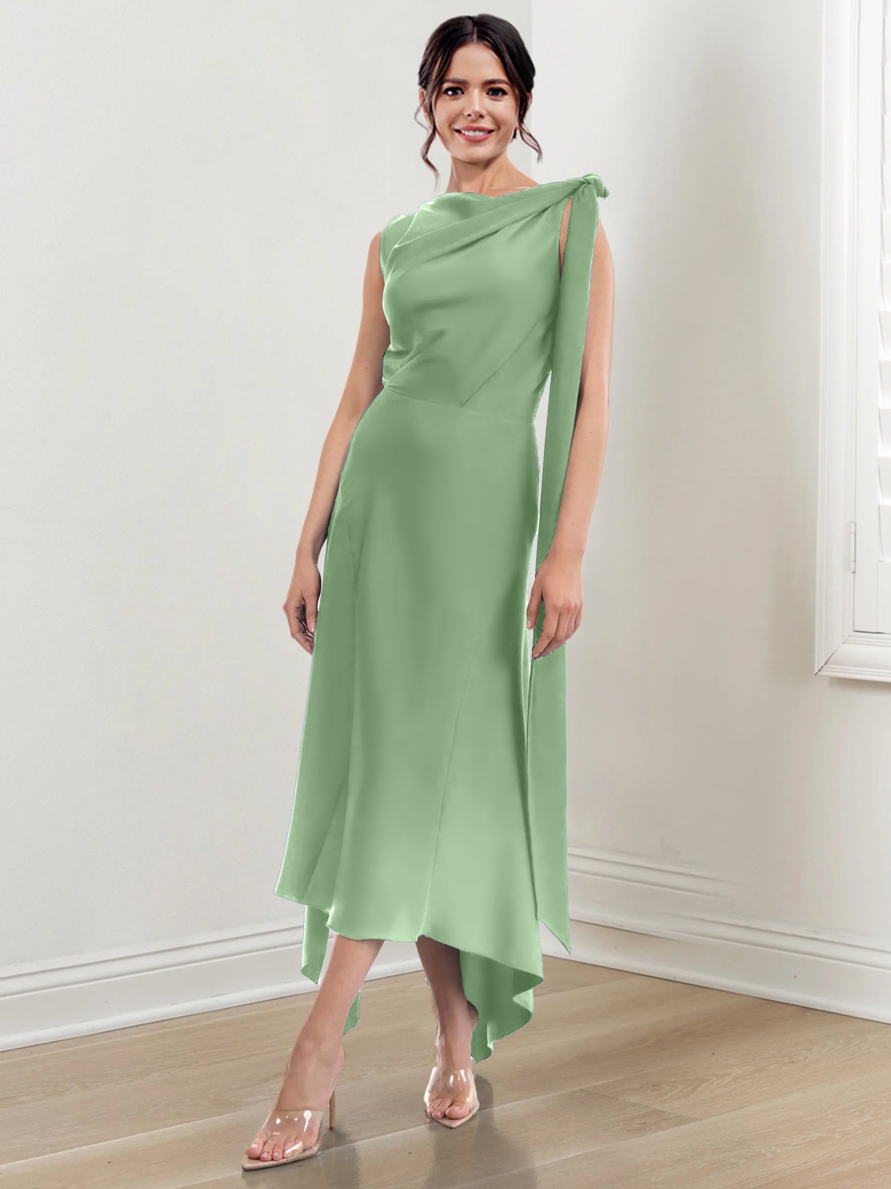 Asymmetrical Tea-Length Mother of the Bride Sheath Dress with Ruched Column Jewel Neck-BMbridal