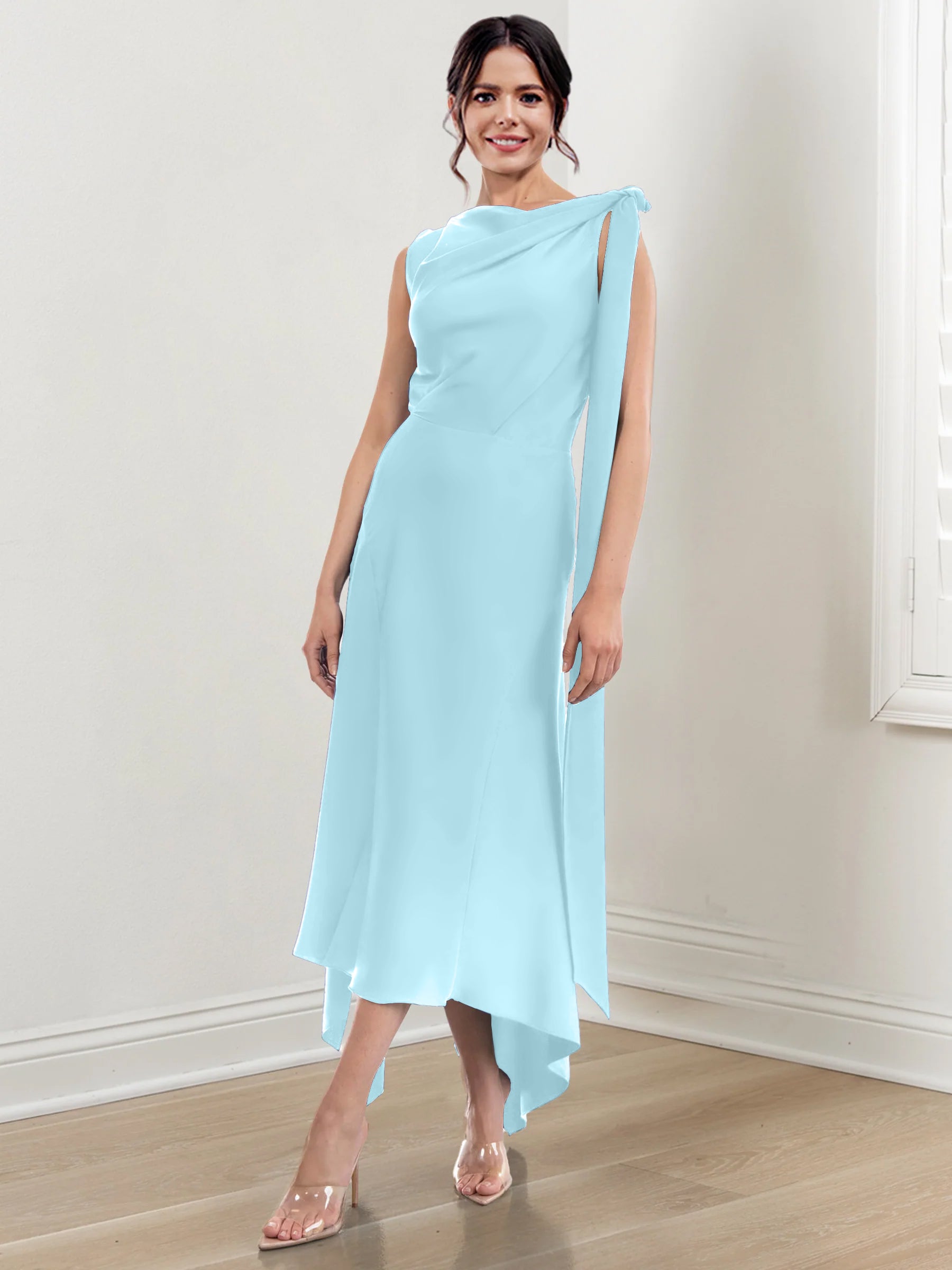 Asymmetrical Tea-Length Mother of the Bride Sheath Dress with Ruched Column Jewel Neck-BMbridal