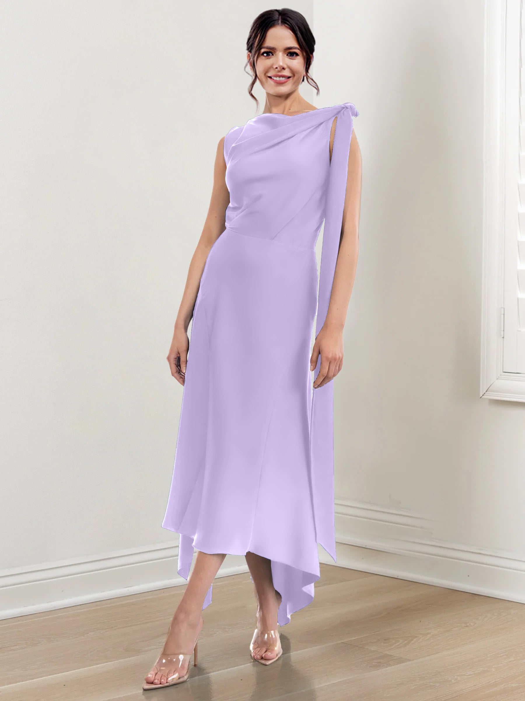 Asymmetrical Tea-Length Mother of the Bride Sheath Dress with Ruched Column Jewel Neck-BMbridal