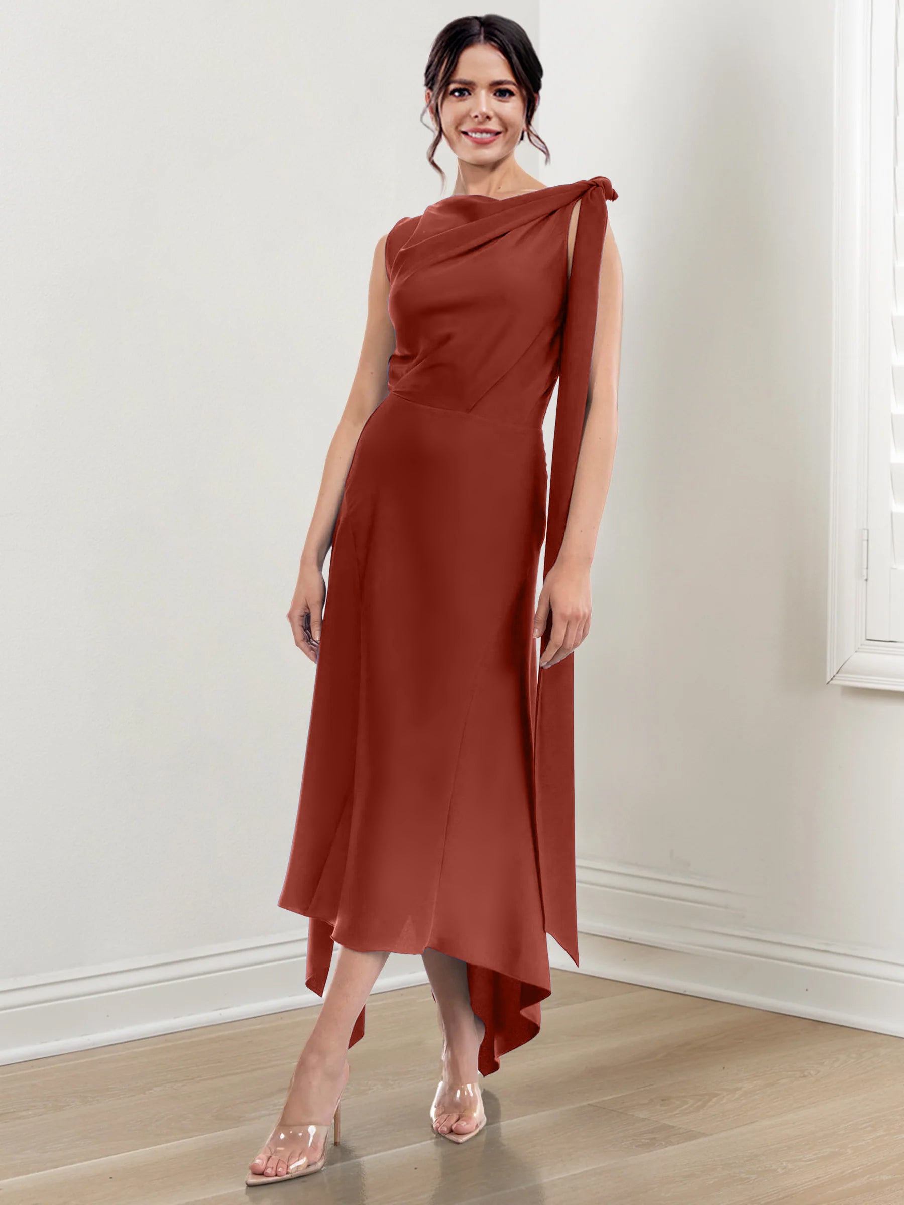 Asymmetrical Tea-Length Mother of the Bride Sheath Dress with Ruched Column Jewel Neck-BMbridal