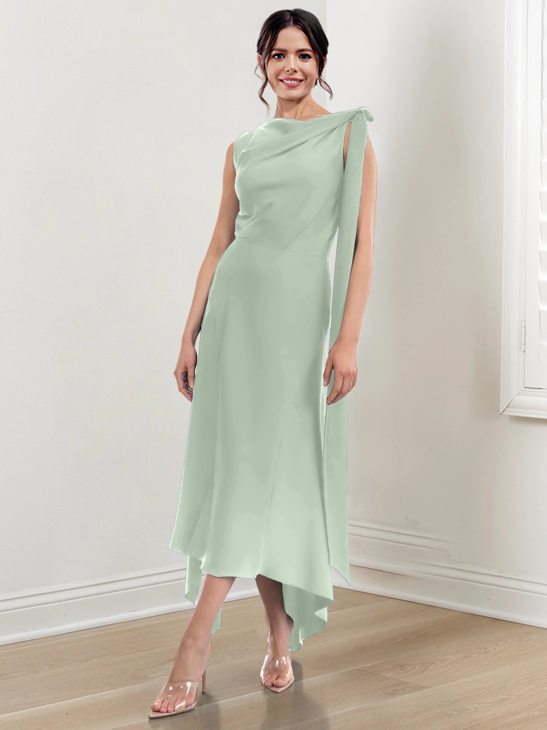 Asymmetrical Tea-Length Mother of the Bride Sheath Dress with Ruched Column Jewel Neck-BMbridal