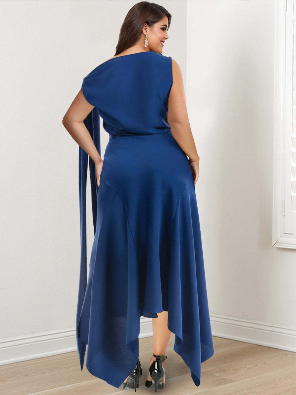 Asymmetrical Tea-Length Plus Size Mother of the Bride Sheath Dress with Ruched Details-BMbridal