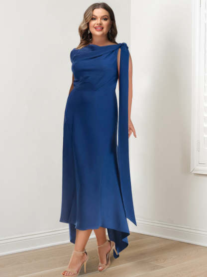 Asymmetrical Tea-Length Plus Size Mother of the Bride Sheath Dress with Ruched Details-BMbridal