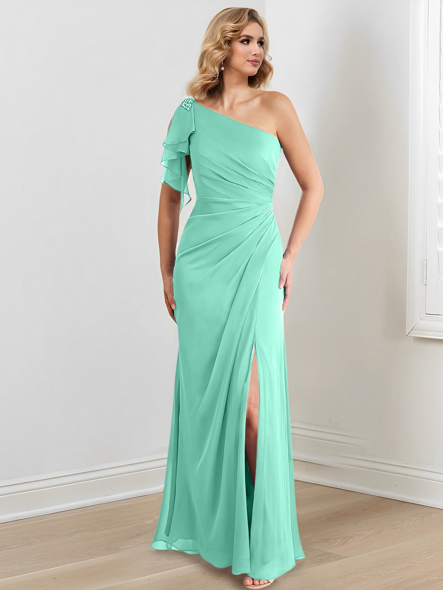 One-Shoulder Floor-Length Sheath/Column Gown for the Mother of the Bride-BMbridal