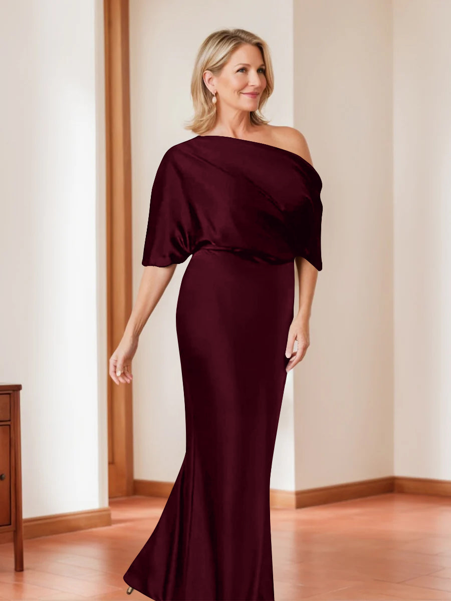 Elegant Plus Size Mother of the Bride One-Shoulder Sheath Dress with 1/2 Sleeves-BMbridal