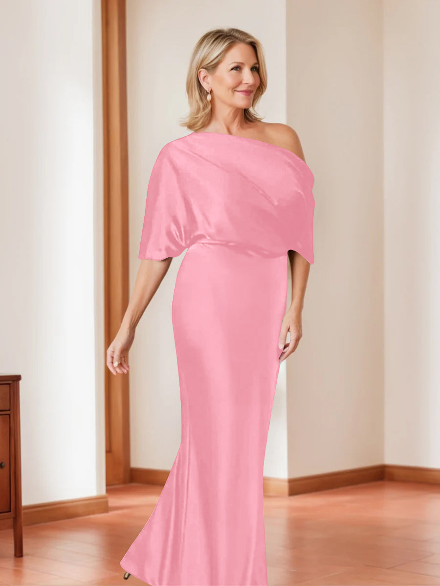 Elegant Plus Size Mother of the Bride One-Shoulder Sheath Dress with 1/2 Sleeves-BMbridal