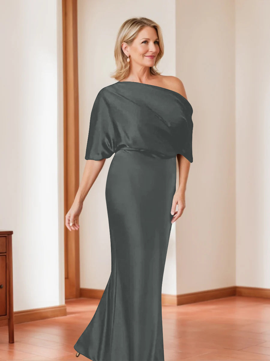 Elegant Plus Size Mother of the Bride One-Shoulder Sheath Dress with 1/2 Sleeves-BMbridal