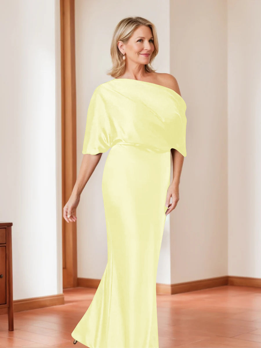 Elegant Plus Size Mother of the Bride One-Shoulder Sheath Dress with 1/2 Sleeves-BMbridal