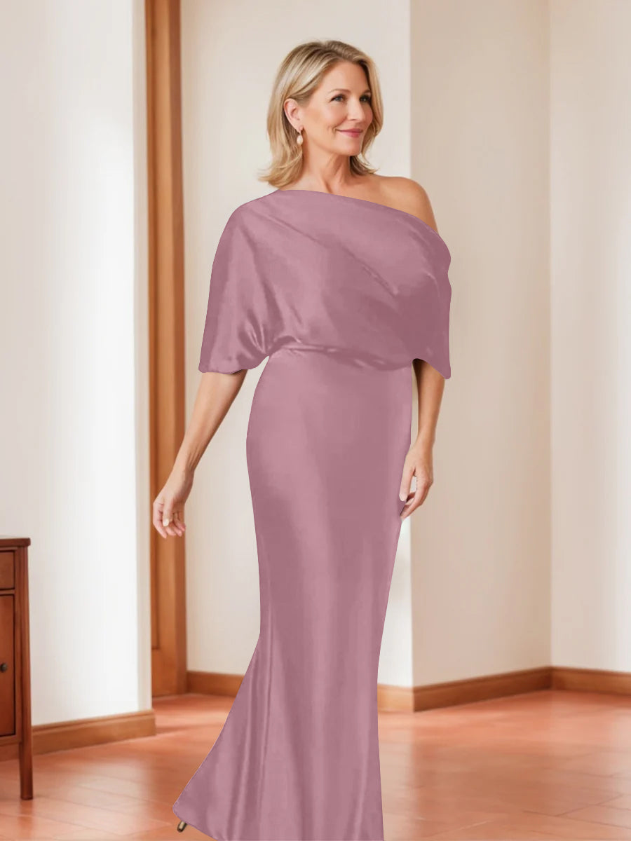 Elegant Plus Size Mother of the Bride One-Shoulder Sheath Dress with 1/2 Sleeves-BMbridal