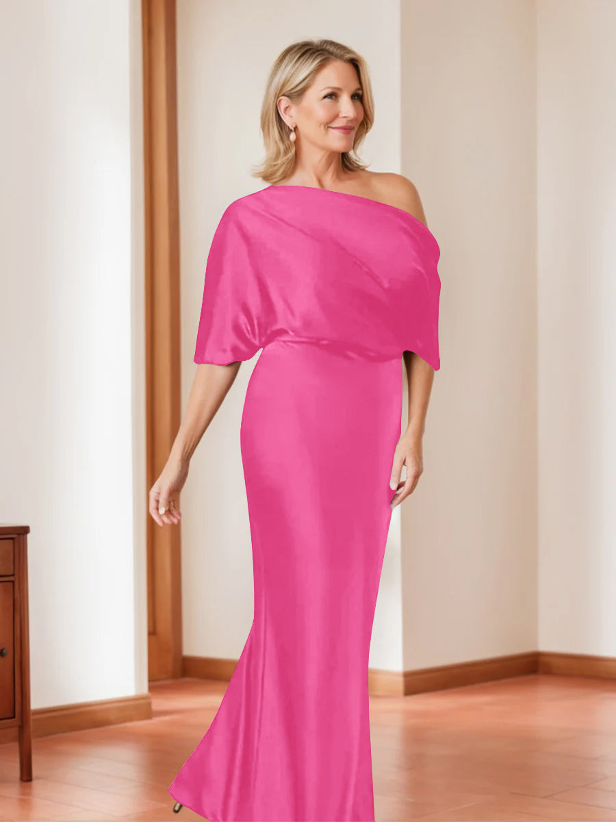 Elegant Plus Size Mother of the Bride One-Shoulder Sheath Dress with 1/2 Sleeves-BMbridal