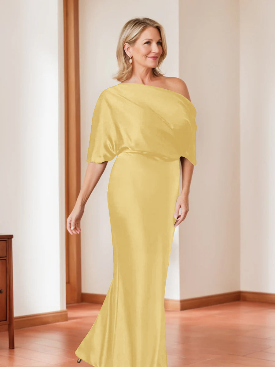 Elegant Plus Size Mother of the Bride One-Shoulder Sheath Dress with 1/2 Sleeves-BMbridal