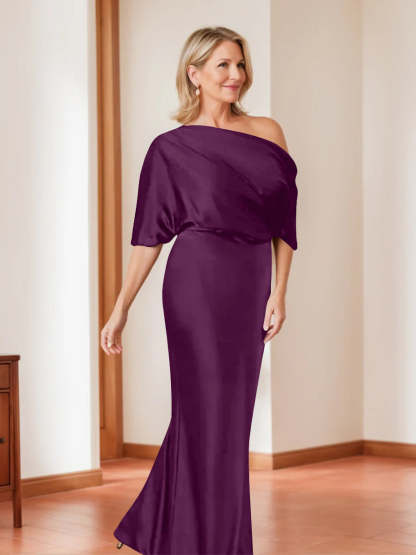 Elegant Plus Size Mother of the Bride One-Shoulder Sheath Dress with 1/2 Sleeves-BMbridal